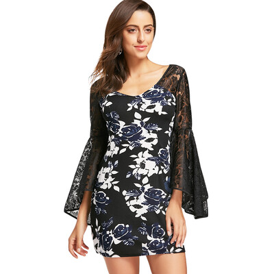 

Floral Print Bell Sleeve Lace Panel Dress