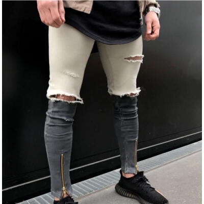 

Mens Stretchy Ripped Skinny Biker Jeans Destroyed Taped Slim Fit Denim Pants