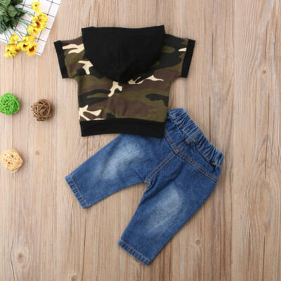 

Fashion Newborn Baby Boy Camo Sleeveless HoodieDenim Jeans Frayed Pants Clothes
