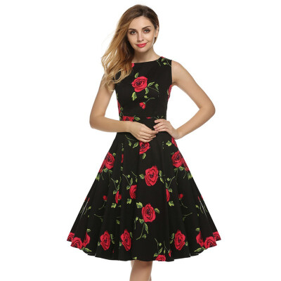 

Women Dress Retro Vintage 1950s 60s Rockabilly Floral Swing Summer Midi Womens Dresses Elegant Bow-knot Tunic