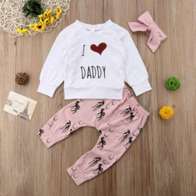 

3PCS Newborn Kids Baby Girls Boys Tops Shirt Pants Headband Letter Outfits USA