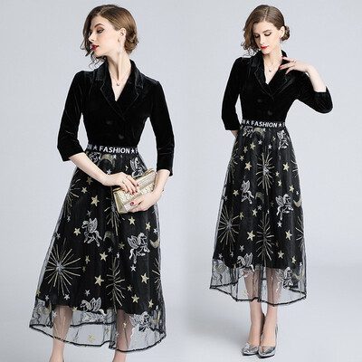 

2018 Autumn Dresses Embroidery Splicing Black Dress Casual Slim Fashion Work Vestidos