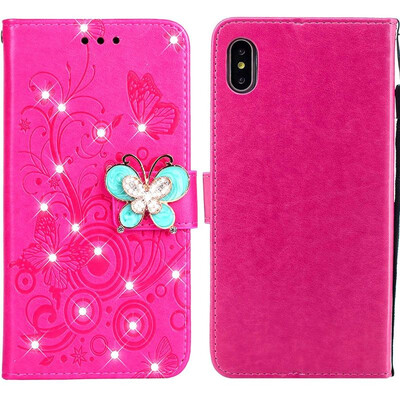

MOONCASE Apple iPhone XS Butterfly Rhinestone Embossed Leather Case - Red