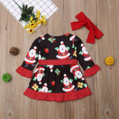 

Newborn Kids Baby Girls XMAS Princess Long Sleeve Dress Headband Outfits Clothes