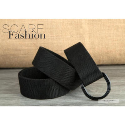 

Men Ladies Unisex Plain Webbing Canvas Fabric Metal Buckle Belt Black 110-150cm