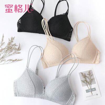 

Honey pig bra thin section no steel ring simple lace sexy beauty back gathering girl underwear small chest bra no trace smooth thin cup W5063 silver gray 70B