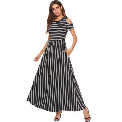 

Sexy Women Formal Prom Long Stripe Dress Evening Party Strapless Shoulder Long Dress
