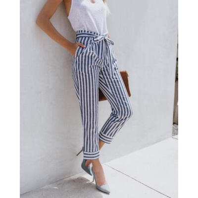 

Fashion Womens Pants High Waist Elastic Drawstring Striped Casual Trousers NEW