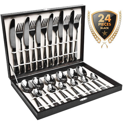 

24 PCS Stainless Steel Dinnerware Set Black Gold Flatware Sets Tableware Cutlery Spoon Flatware Set Party Supplies Kitchen Gift