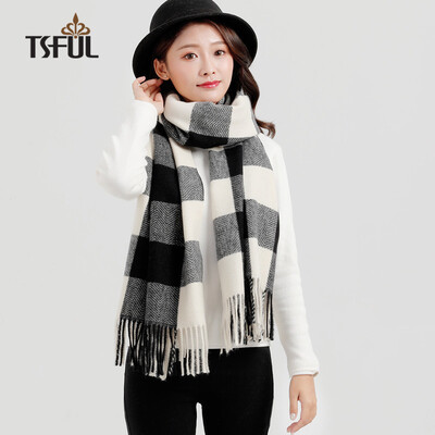 

Tsful scarf female student Korean version of the grid fashion warm air conditioning room dual-use shawl long double-sided bib spring&autumn winter general JY846WJD black&white grid