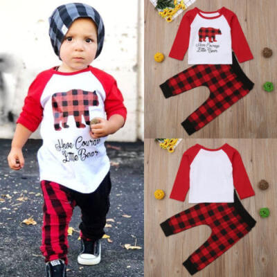 

Christmas Newborn Kids Baby Boys Girls Tops T-shirt Plaids Pants Outfits Clothes