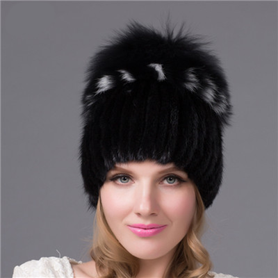 

women knitted Mink Fur Hat styles female fur Cap with fox fur pompom lining Women Winter Headwear girls hats for beanies