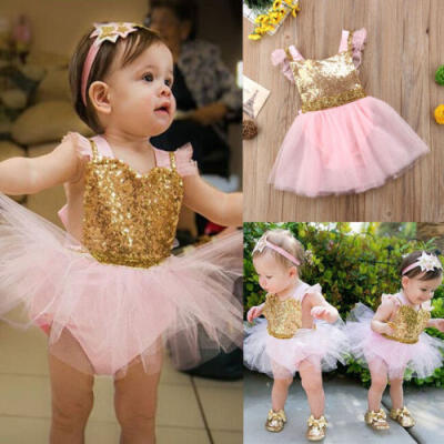 

Infant Girls Baby Sequin Bow Princess Dress Birthday Party Wedding Romper Dress