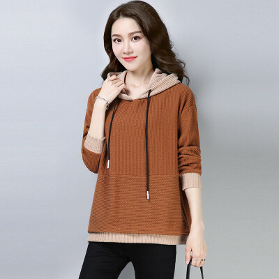 

Cypress 2018 autumn new ladies fashion simple hooded color matching long sleeve stitching Slim Drawstring casual temperament sweater S83S0150UA1735M Caramel color