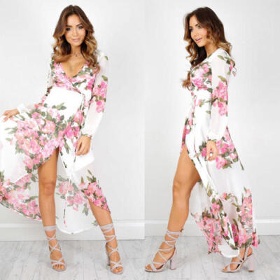 

Plus Size Slit Sleeve Floral Maxi Dress Women Long Sleeve Deep V-Neck Sexy Dress