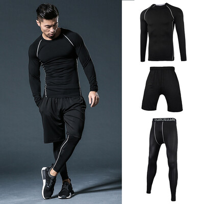 

Fan Dimu sports suit mens fitness wear quick-drying tights breathable gym running autumn&winter long-sleeved sports mens suit FNZ9001-black stitching - long sleeve three-piece
