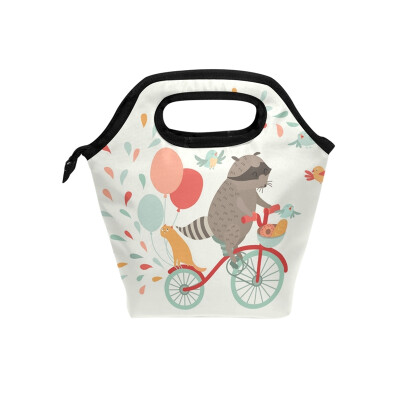 

Lunch Tote Bag Bicycle Raccoon Travel Picnic Insulated Lunch Handbags Portable Zipper Lunch Bag Box