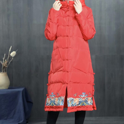 

New down jacket national wind hem embroidery retro buckle hooded long down jacket