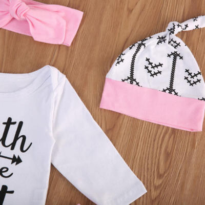 

US Stock 4PSC Newborn Baby Romper Jumpsuit Long Pants Hat Outfits Clothes Set