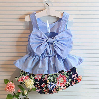 

Baby Girl Kid Toddler Bowknot Vest T-shirt ClothesFloral Short Pants Outfit Set