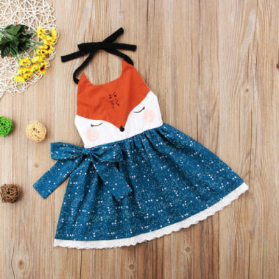 

Adorable Girls Fox Dress Toddler Kids Halter Cartoon Summer Party Dress Sundress