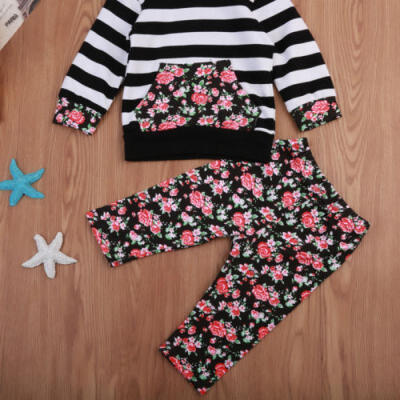 

Newborn Baby Girl Flower Stripe Hoodie Top Pants Outfits Set Cotton Clothes 0-2Y