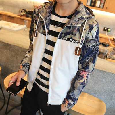 

Лонгвью Мужчины корейской версии мозаики цветной цветочные куртки пальто Тонкий мужской случайные капюшоном куртки LMGXJK1656 Хаки XXL