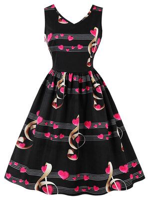 

Vintage V Neck Heart Music Notes Pin Up Dress