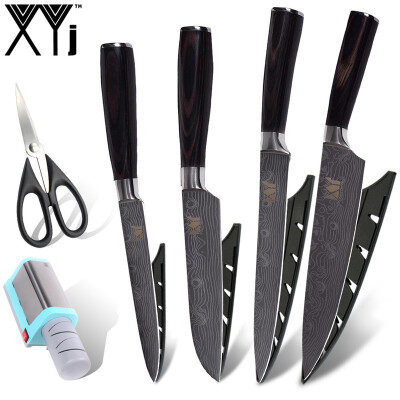 

XYj Kitchen Knife 5" 5" 8" 8" inch Damascus Veins Blade Stainless Steel Knife Set With Blue Electric Knife Sharpener