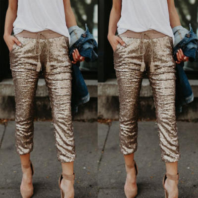 

Women High Waist Skinny Pants Sequin Glitter Leggings Joggings Trousers Clubwear