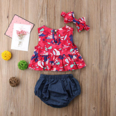 

Newborn Baby Girl Casual Clothes Floral Tops Vest Denim Short Pants 3Pcs Outfits