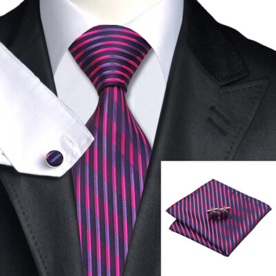 

N-0246 Vogue Men Silk Tie Set Blue Stripes Necktie Handkerchief Cufflinks Set Ties For Men Formal Wedding Business wholesale