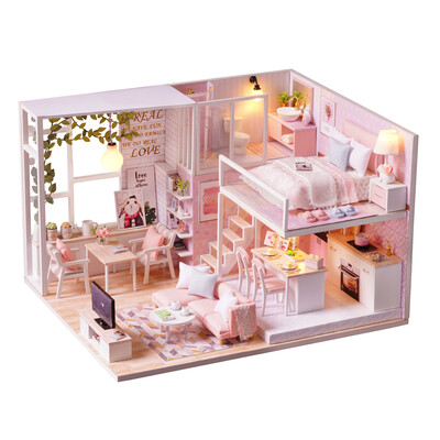 

DIY Miniature Loft Dollhouse Kit Realistic Mini 3D Pink Wooden House Room Toy with Furniture LED Lights Christmas Childrens Day B