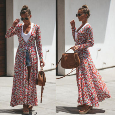 

Womens Floral Long Duster Kimono Open Cardigan Duster Maxi Tunic Top Boho Dress