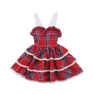 

UK Princess Kids Baby Girl Dress Lace Plaid Ruffle Layered Party Pageant Dresses