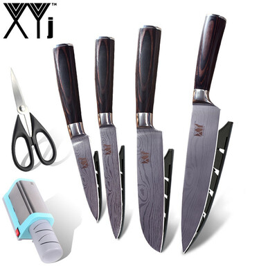 

XYj Beauty Pattern Blade Kitchen Knives Non Slip Handle Stainless Steel Knife Blue Knife Sharpener Scissor
