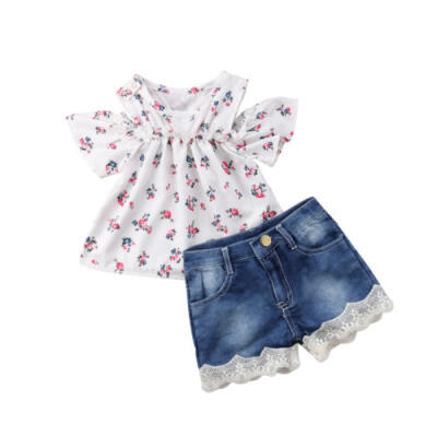 

US Cute Newborn Kid Baby Girls Off Shoulder Flower Tops Denim Pants Outfits 2pcs