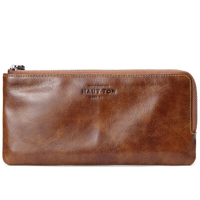 

Haotton HAUT TON men&39s wallet long paragraph handbag zipper first layer of leather handle bag retro oil wax wallet SZB114 oil wax brown