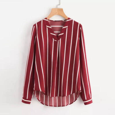 

Women Lady OL Chiffon Blouse Striped Long Sleeve V-Neck T Shirt Casual Loose Top