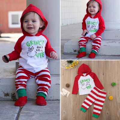 

Newborn Baby Kids Girl Boy Christmas 2pcs Clothes Hooded Tops Long Pants Outfits