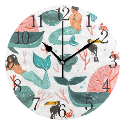 

Wall Clock Arabic Numerals Design Beauty Bohemian Mermaid Girls Round