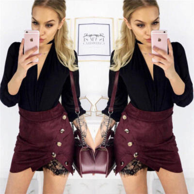 

Women High Waist Lace Up Suede Leather Pocket Preppy Short Mini Skirts dress