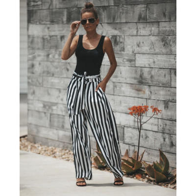 

Summer Women Casual High Waist Drawstring Striped Wide Leg Long Pants Trousers
