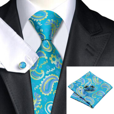 

N-0578 Vogue Men Silk Tie Set Blue Paisley Necktie Handkerchief Cufflinks Set Ties For Men Formal Wedding Business wholesale