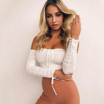 

Womens Frill Bandage Crop Tops Blouse Off Shoulder Ribbed Long Sleeve Jumper Top