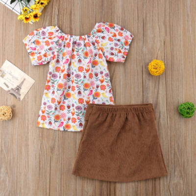 

Little Girls Toddler Clothes Short Sleeve Floral TopsSkirts 2PCS Outfits 1-6Y