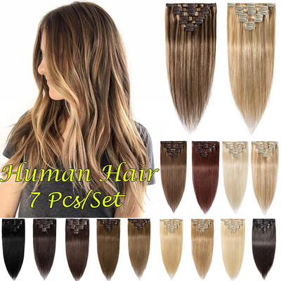 

7 PcsSet 100 Human Hair Clip In Hair Extensions Women Girls Long Straight Full Head Hair Extension