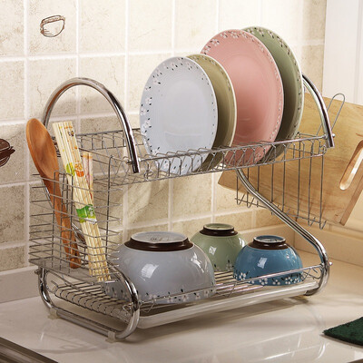 

ORZ S-Shaped Dish Rack Set 2-Tier Chrome Stainless Plate Dish Cutlery Cup Rack With Tray Steel Drain Bowl Rack Kitchen Shelf