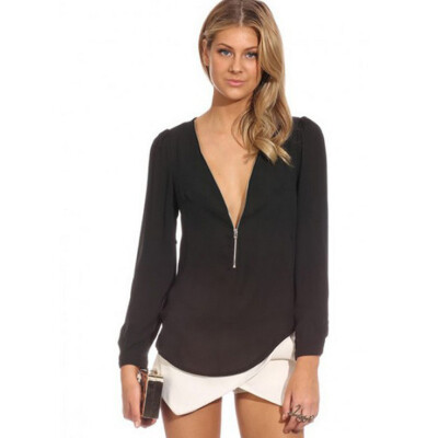 

High quality Fashion New Women Zipper V-neck Chiffon Tops Long Sleeve Shirt Casual Blouse