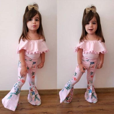 

2PCS Toddler Girls Summer Outfits Clothes Off Shoudler T ShirtFlare Pants Set